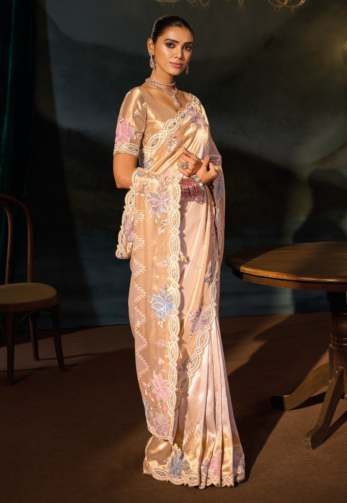 Cream Floral Zari Thread Madhuri Silk Saree