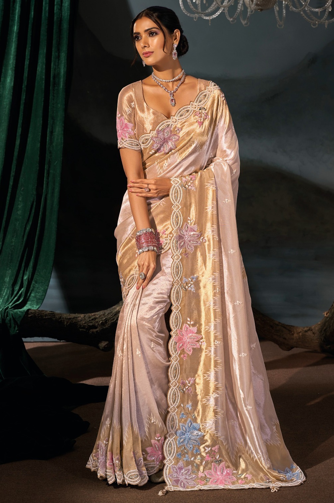 Cream Floral Zari Thread Madhuri Silk Saree