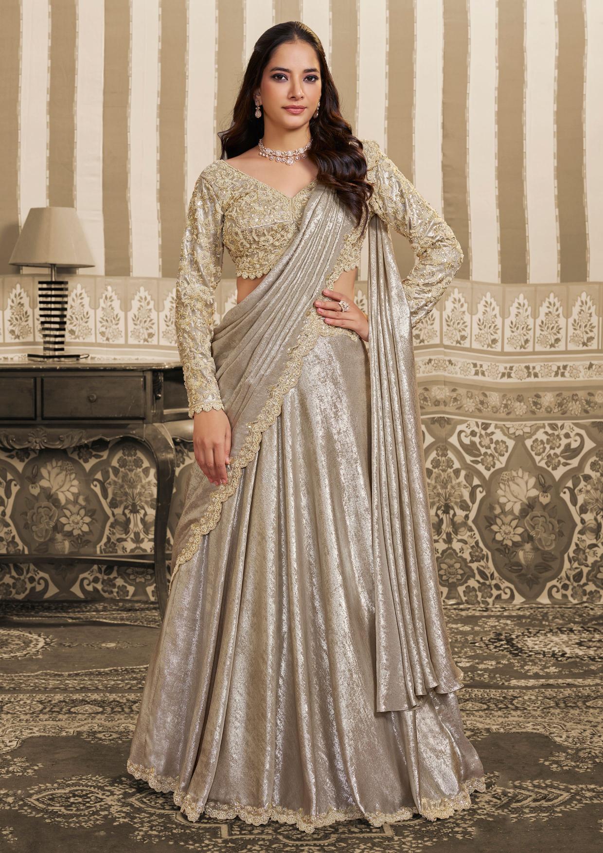 Cream Foil Satin Sequin and Aari Lehenga Style Saree