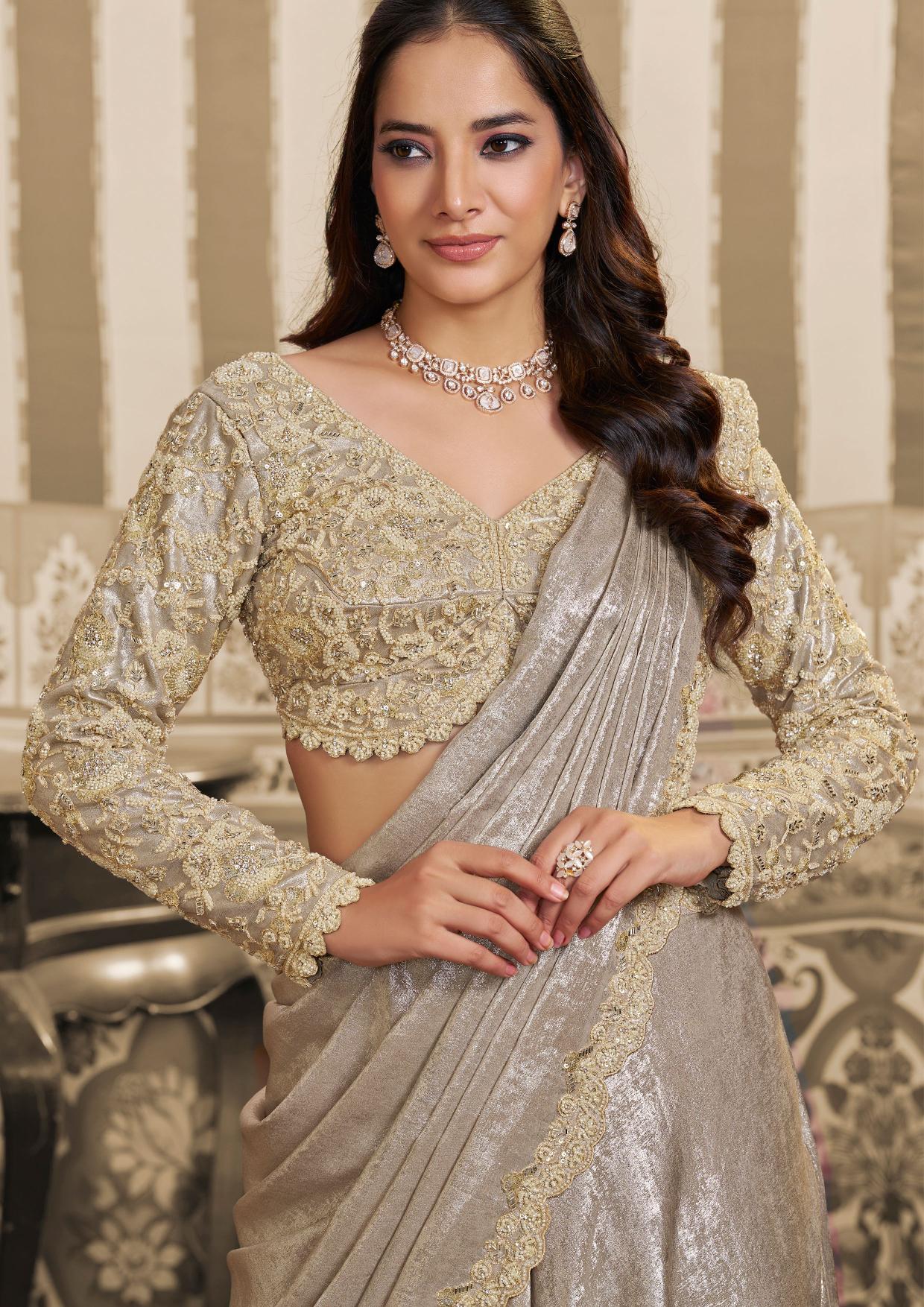 Cream Foil Satin Sequin and Aari Lehenga Style Saree — alternate view