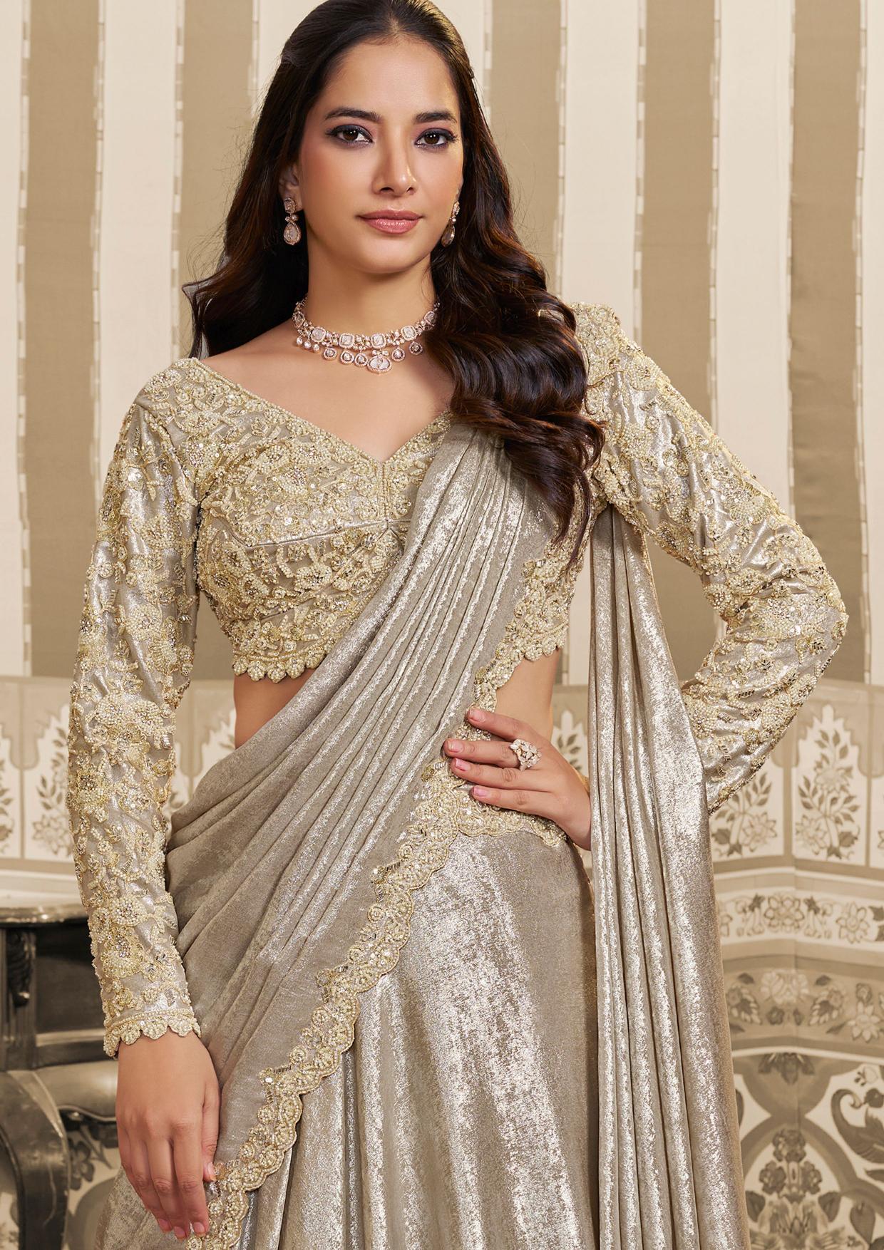 Cream Foil Satin Sequin and Aari Lehenga Style Saree