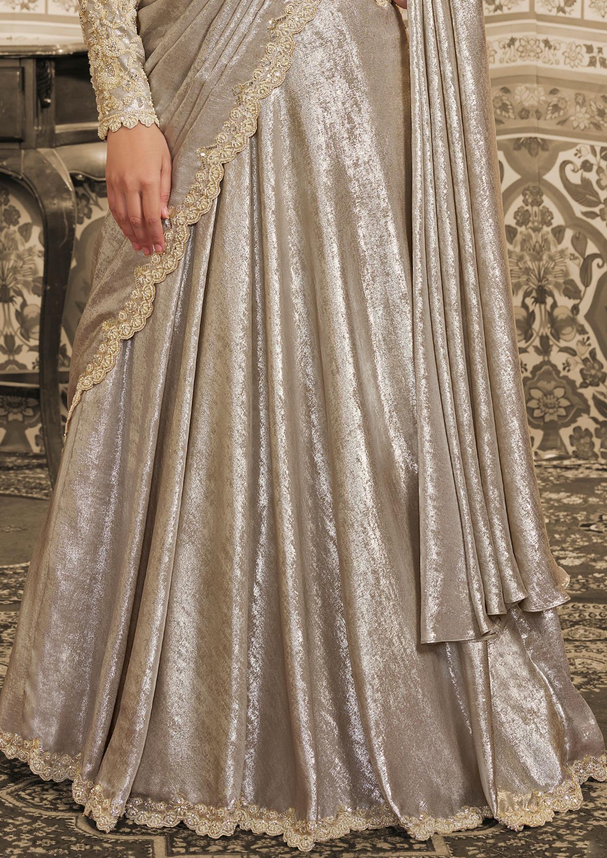 Cream Foil Satin Sequin and Aari Lehenga Style Saree