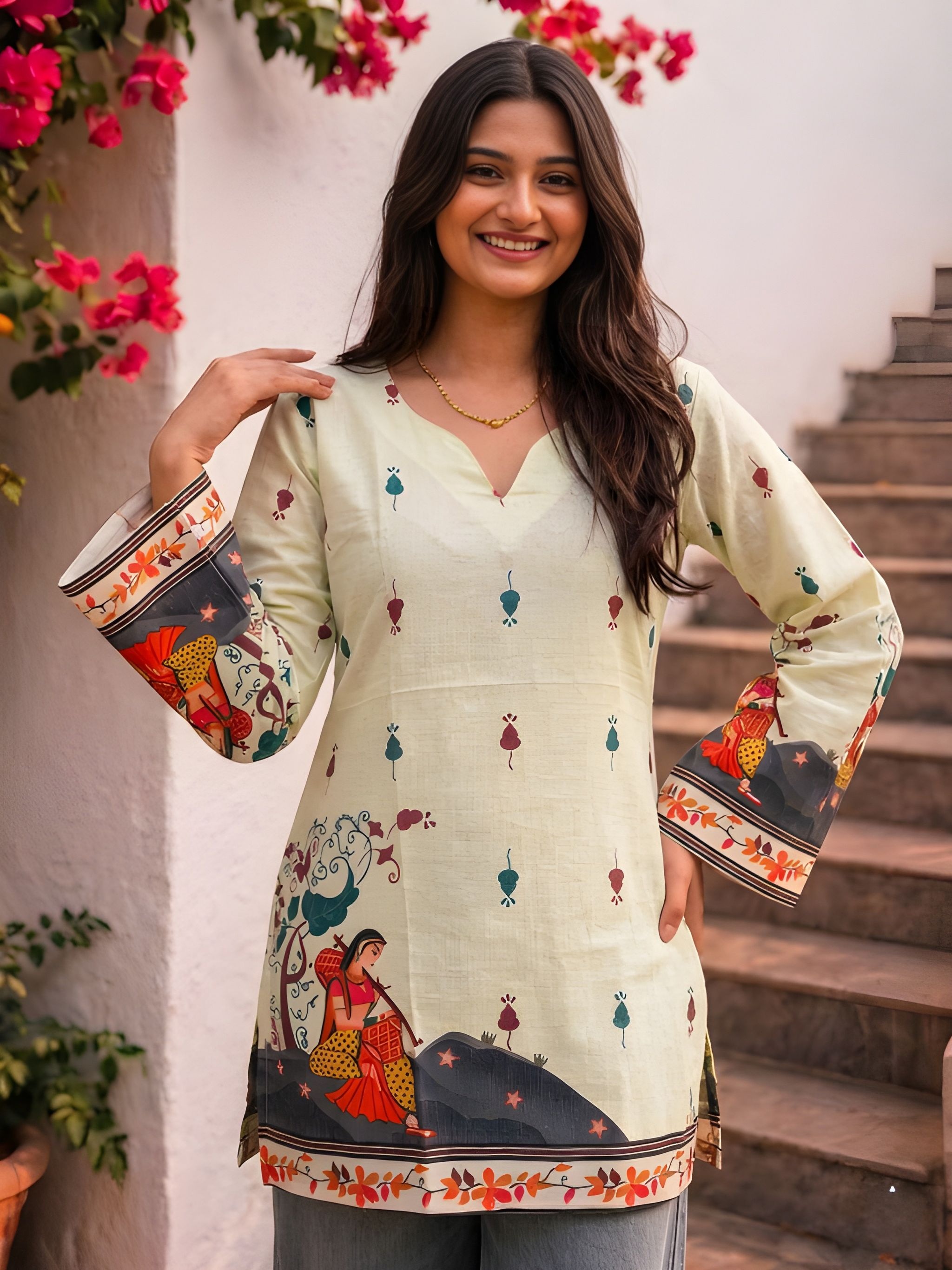 Cream Folk Printed Cotton Short Kurti