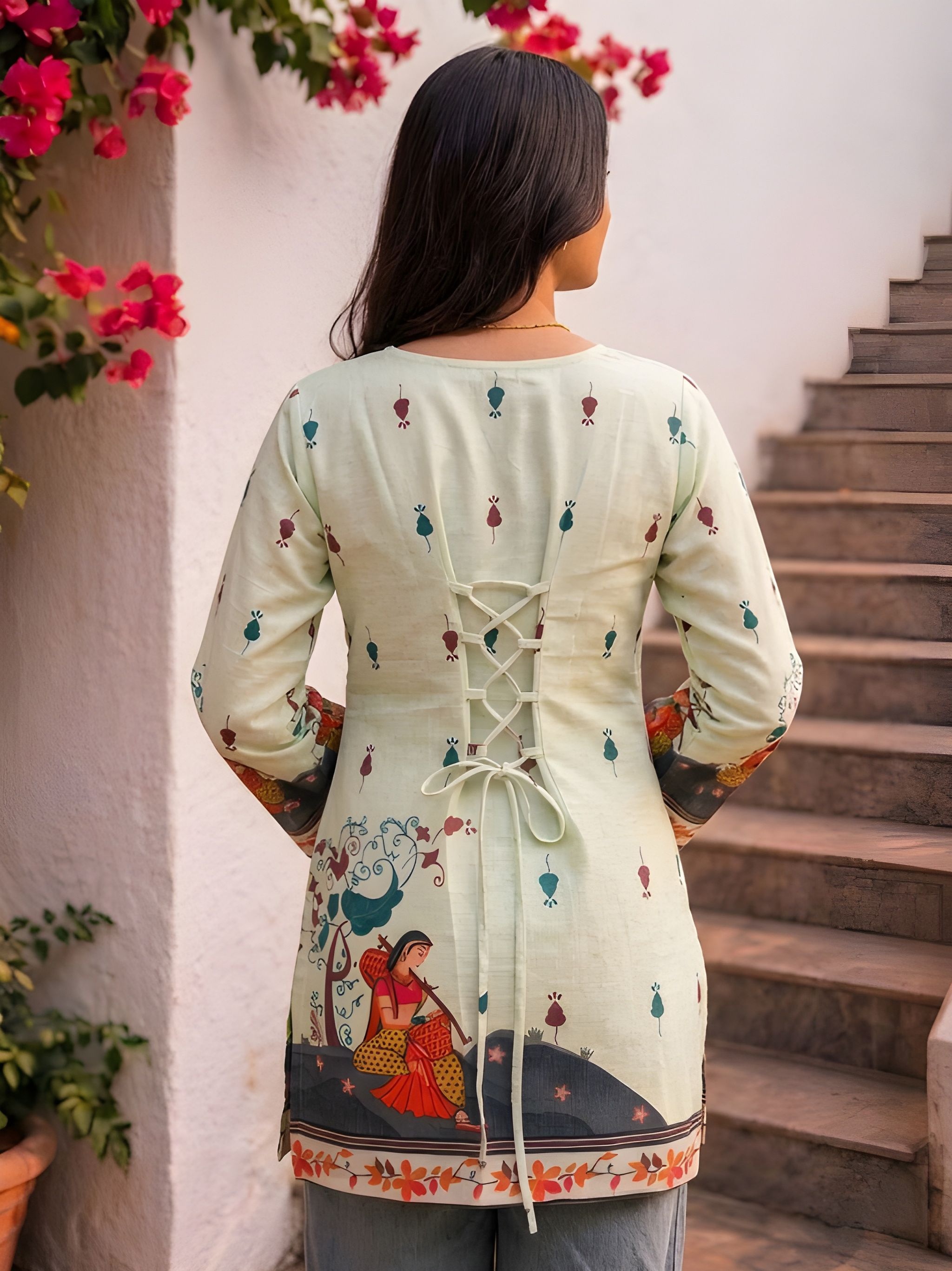 Cream Folk Printed Cotton Short Kurti — alternate view