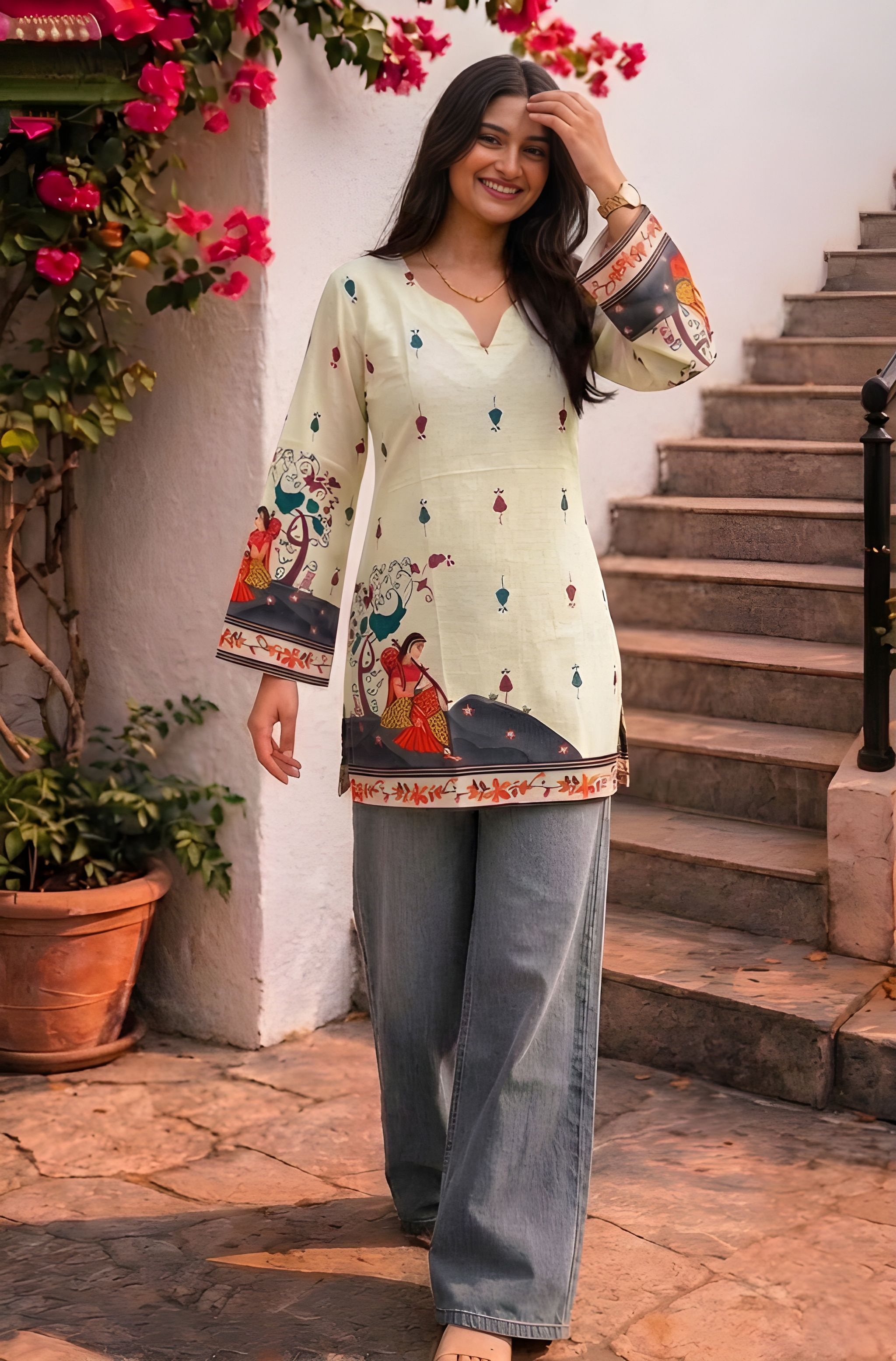 Cream Folk Printed Cotton Short Kurti