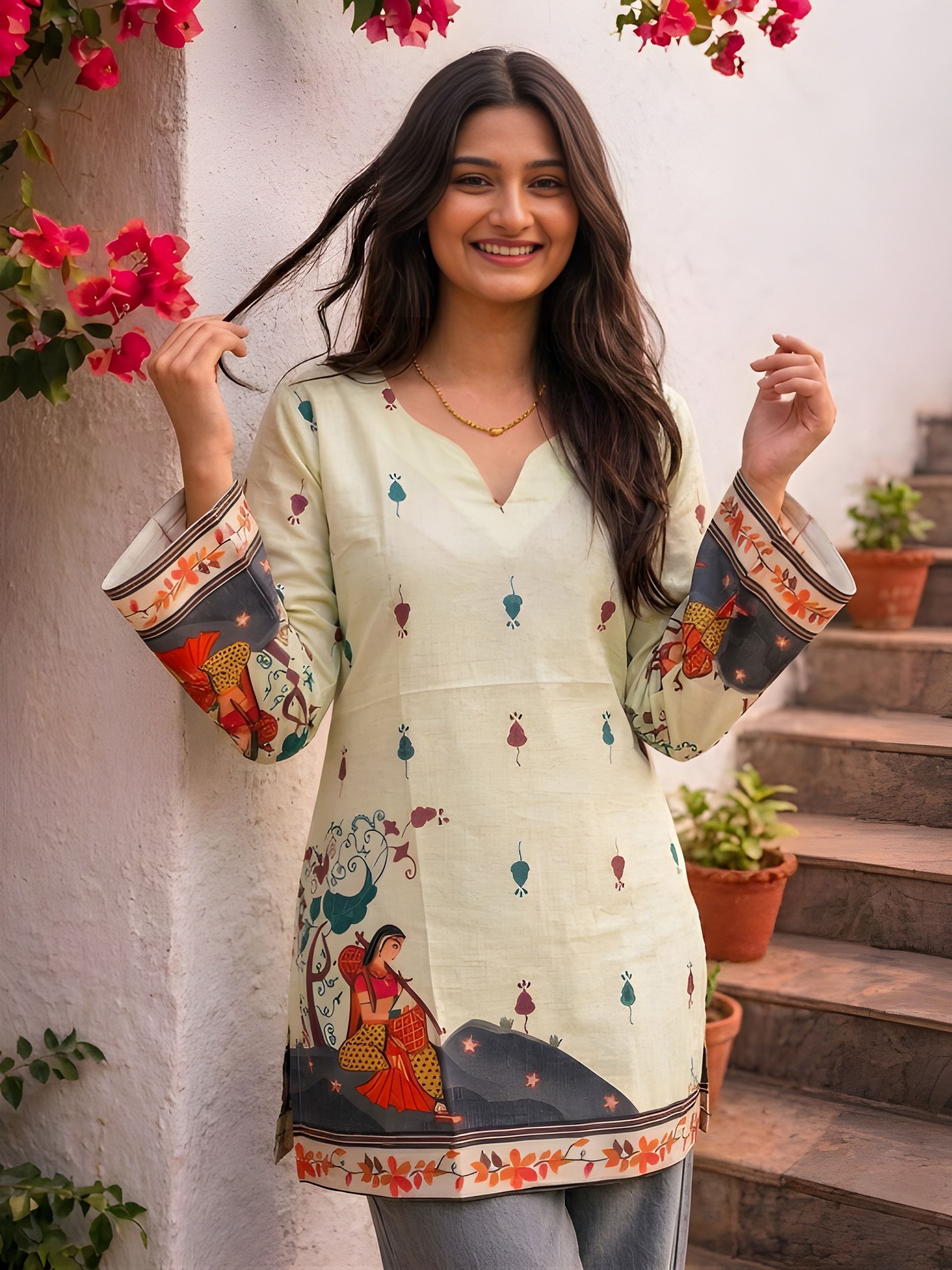Cream Folk Printed Cotton Short Kurti