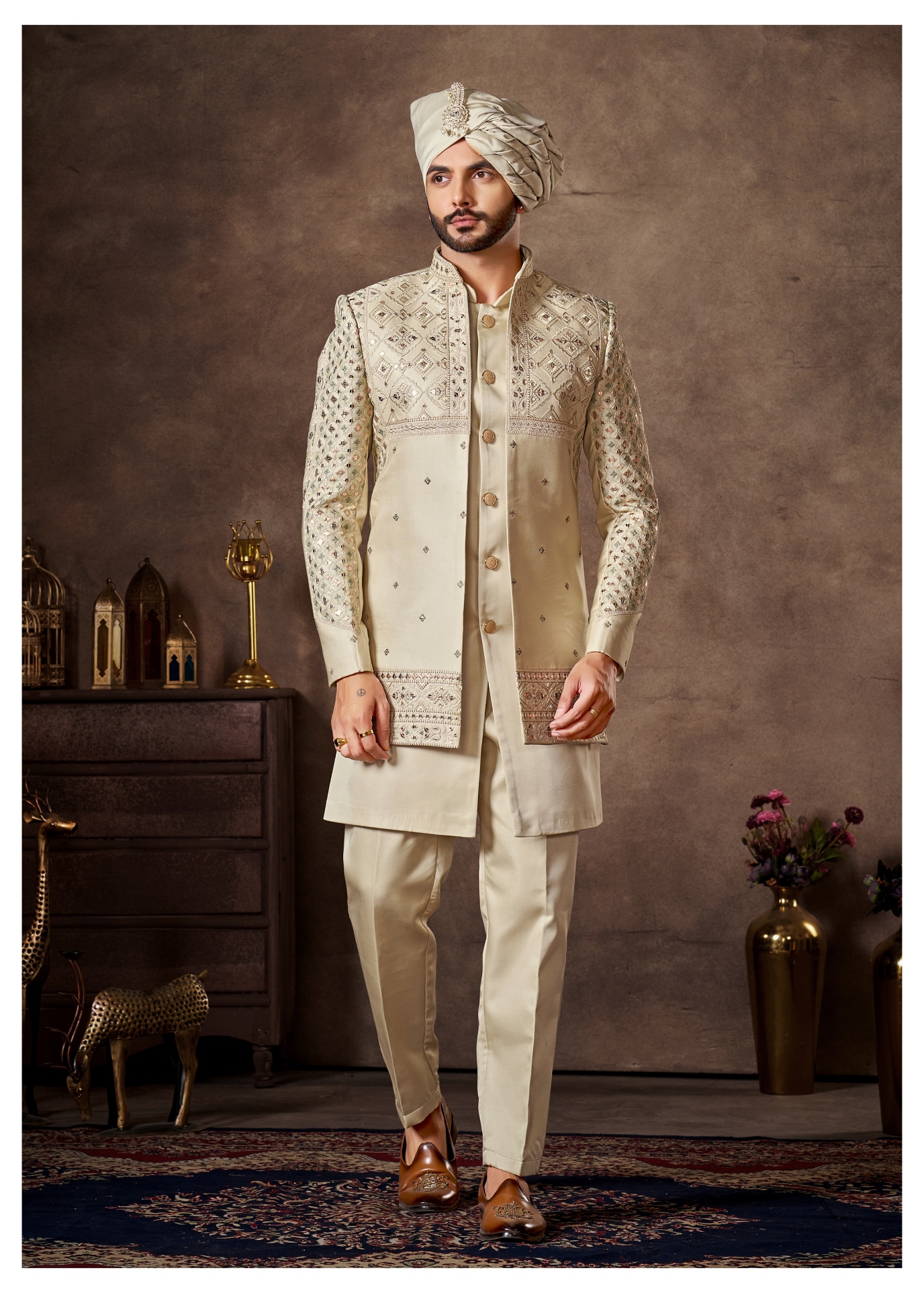 Cream Geometric Embroidery Silk Indo-Western Sherwani