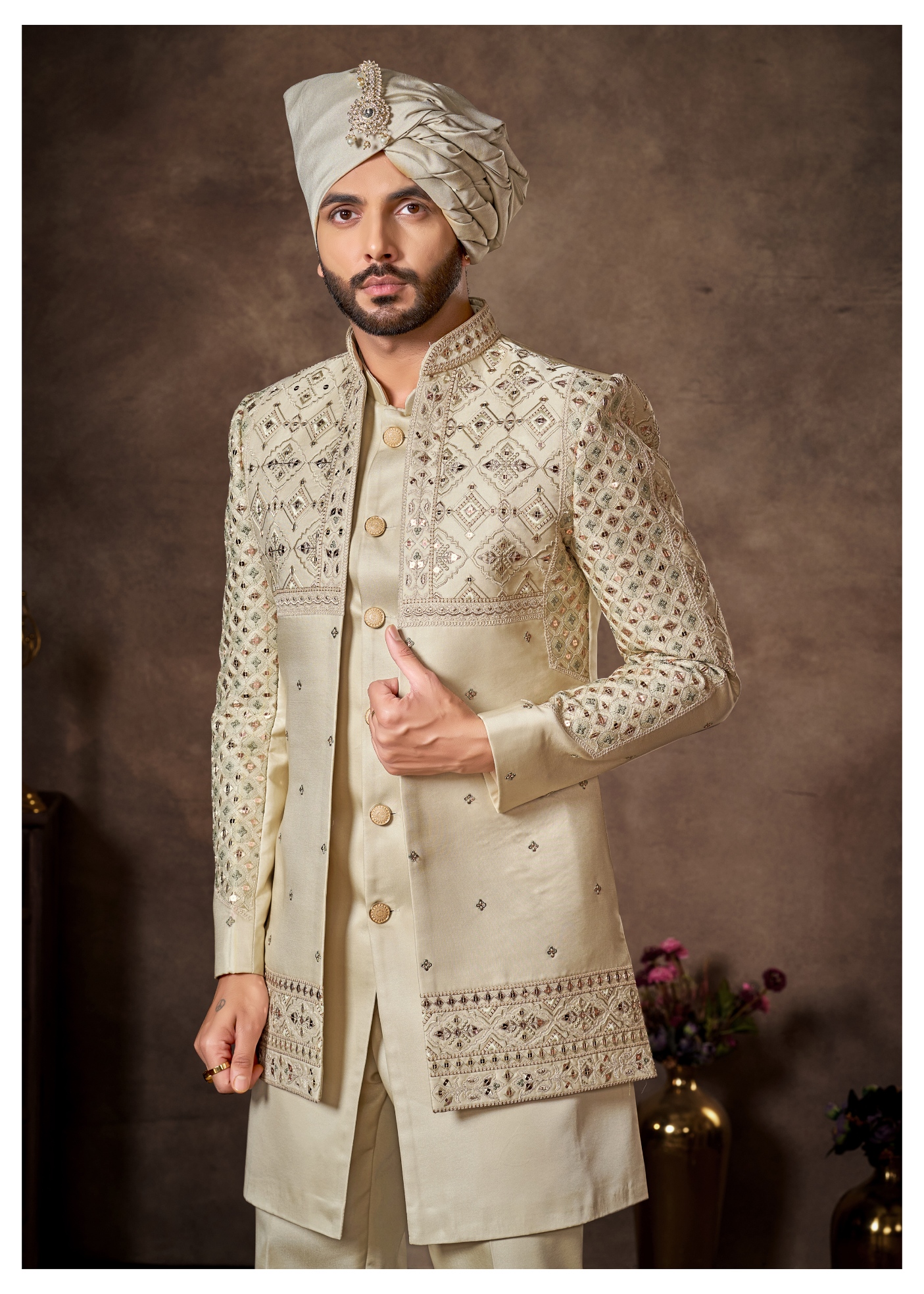 Cream Geometric Embroidery Silk Indo-Western Sherwani
