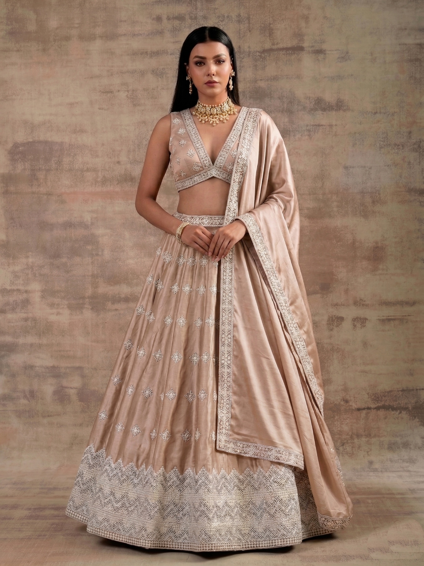 Cream Geometric Zari Satin Umbrella Lehenga