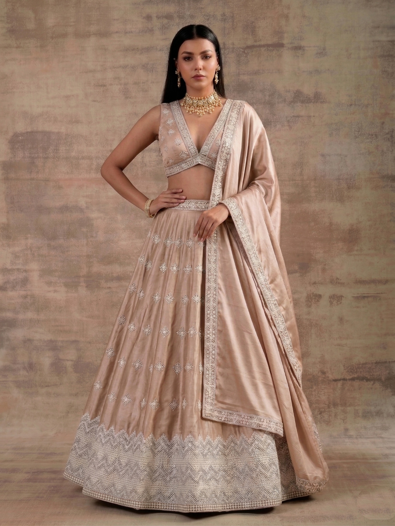 Cream Geometric Zari Satin Umbrella Lehenga — alternate view