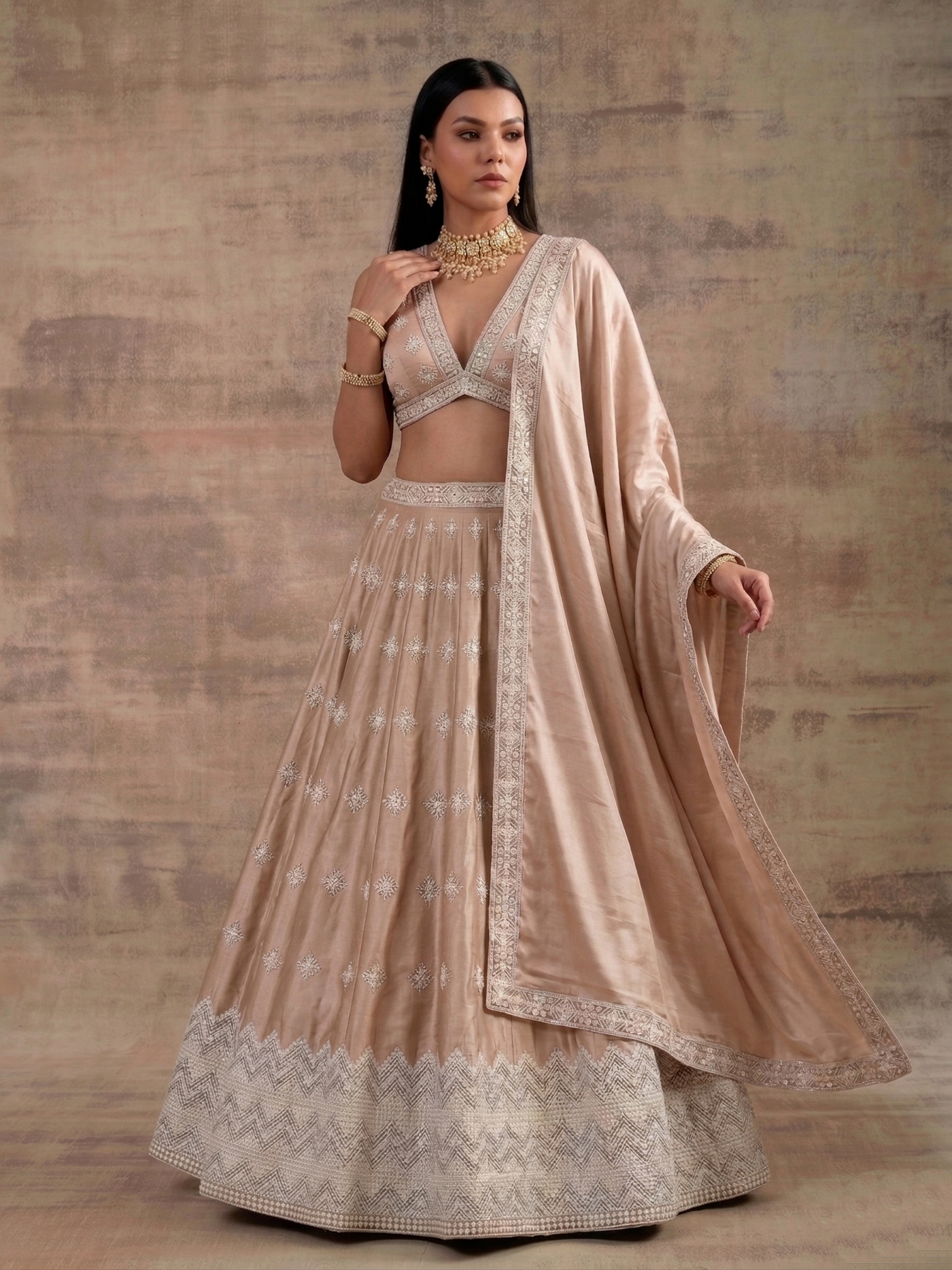 Cream Geometric Zari Satin Umbrella Lehenga