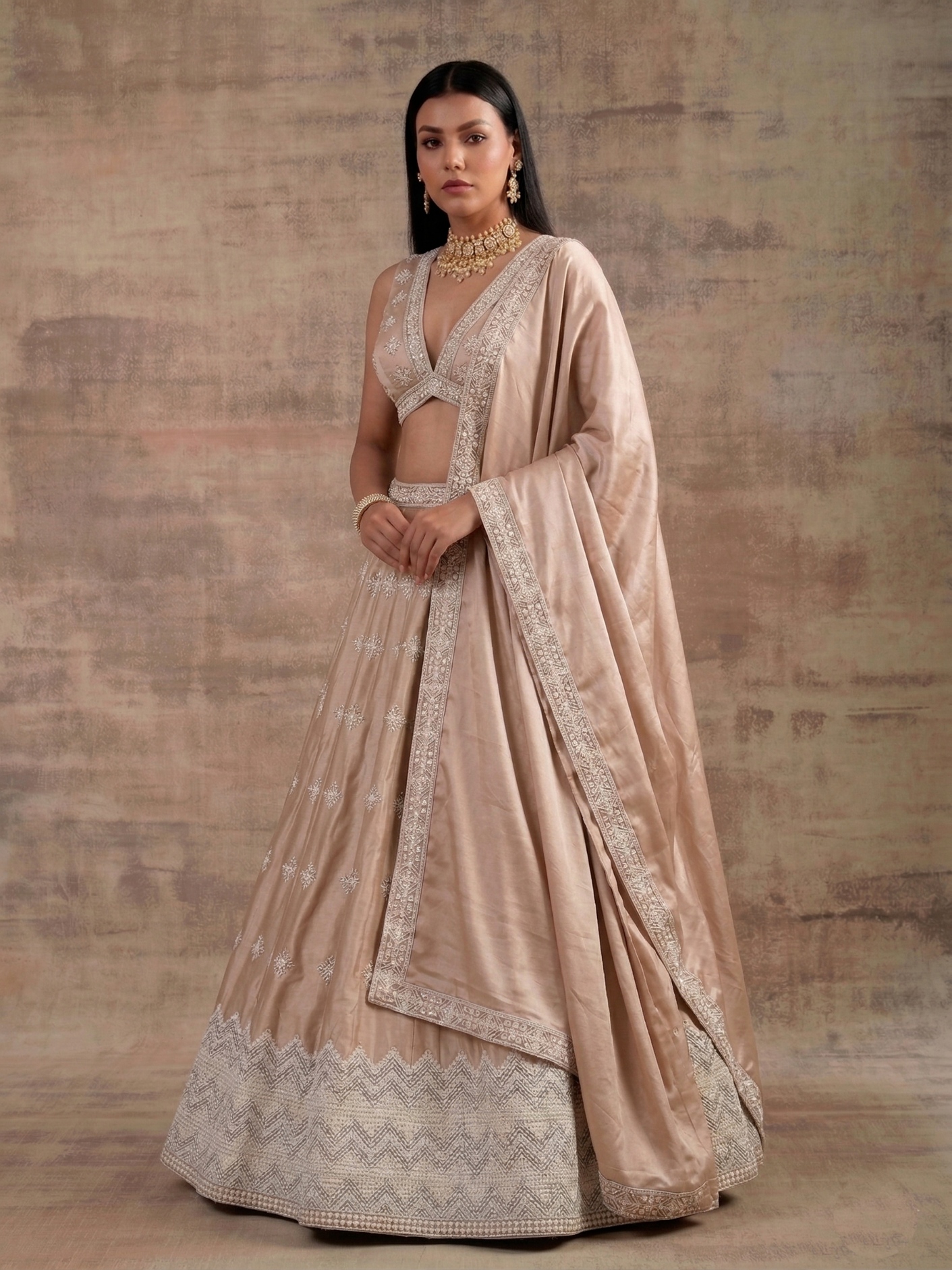Cream Geometric Zari Satin Umbrella Lehenga