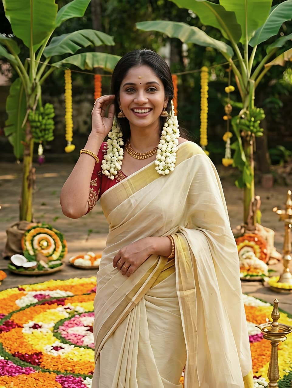 Cream Gold Zari Chiku Linen Kerala Saree