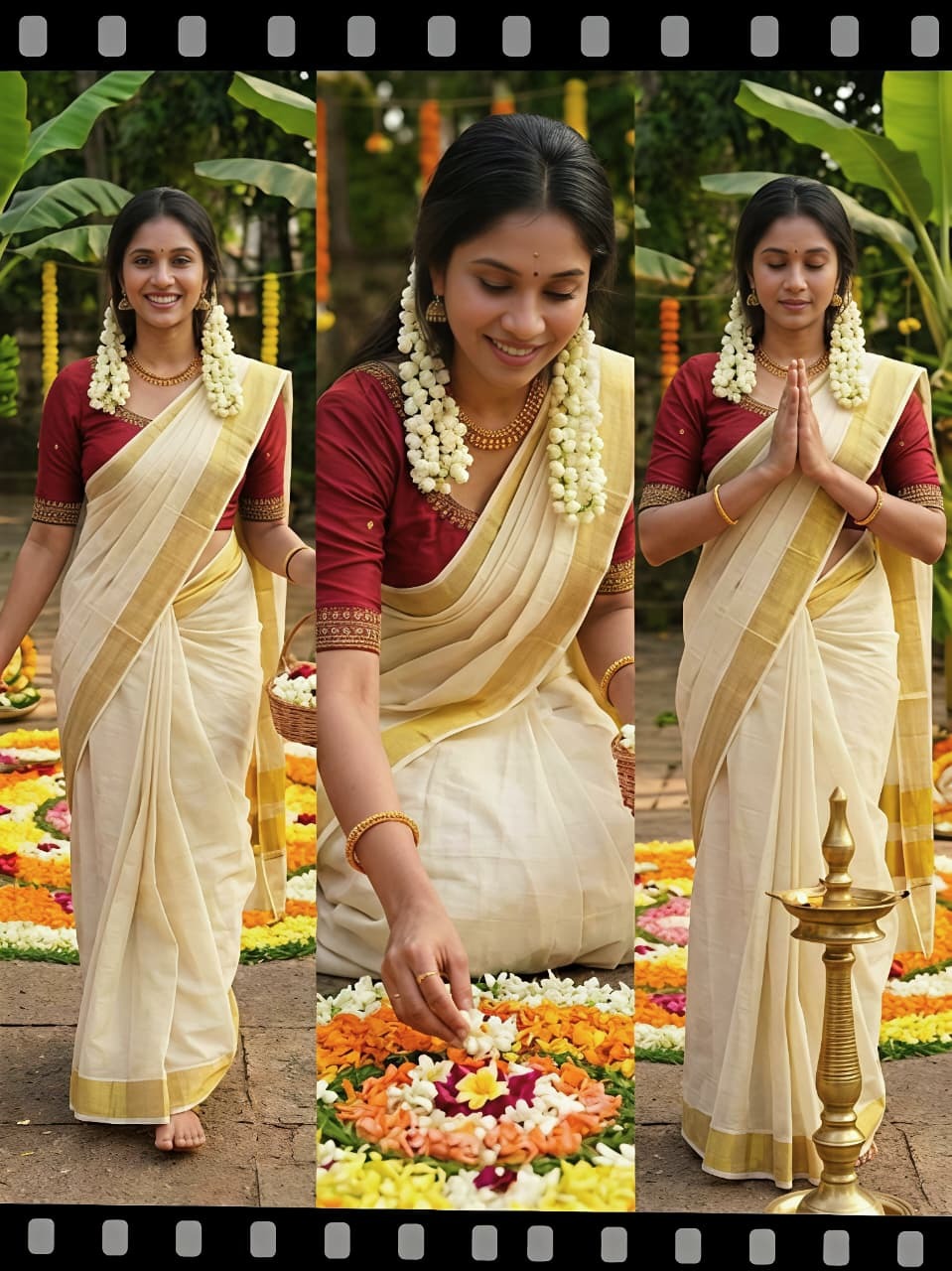 Cream Gold Zari Chiku Linen Kerala Saree — alternate view