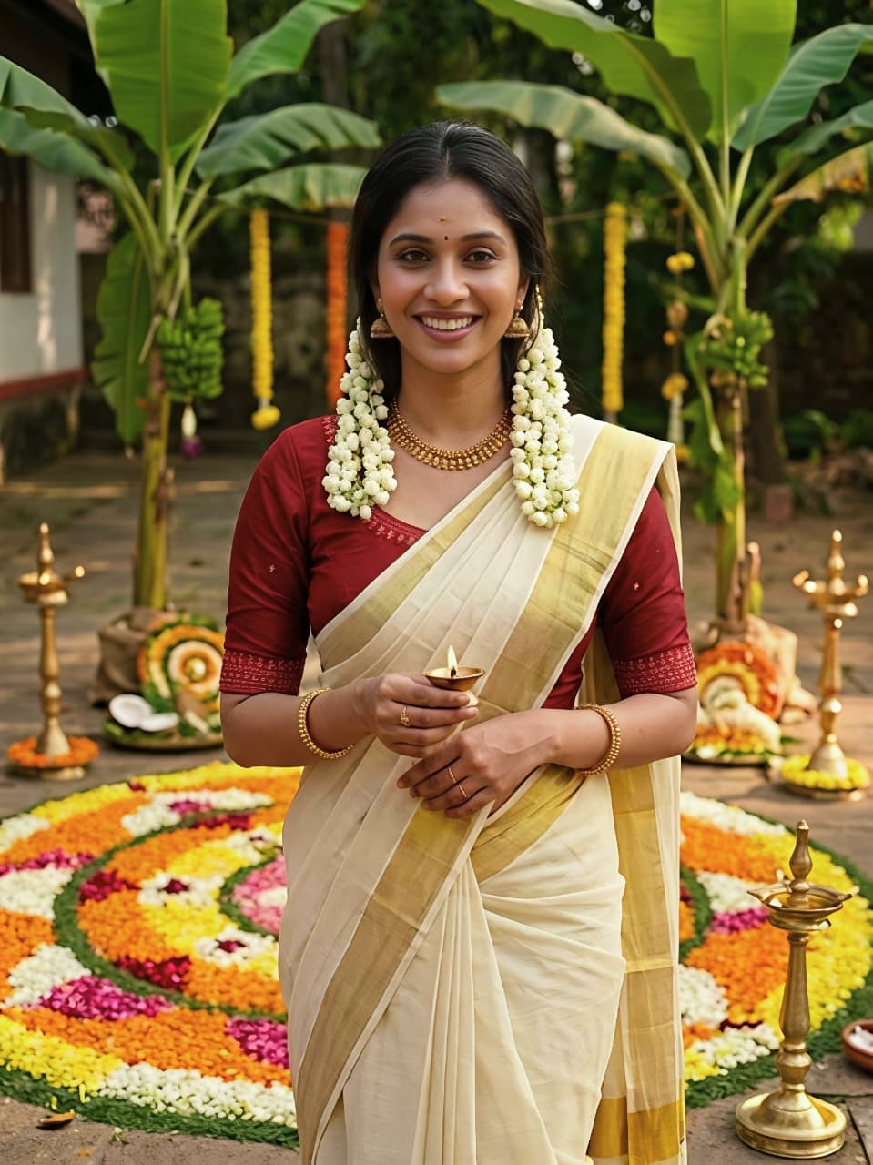 Cream Gold Zari Chiku Linen Kerala Saree
