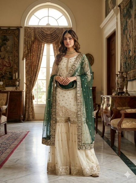 Cream Green Embroidered Pure Fendy Silk Sharara Suit