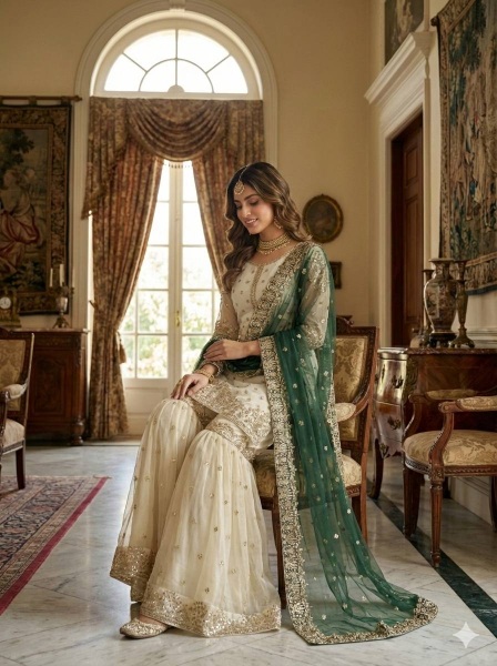 Cream Green Embroidered Pure Fendy Silk Sharara Suit