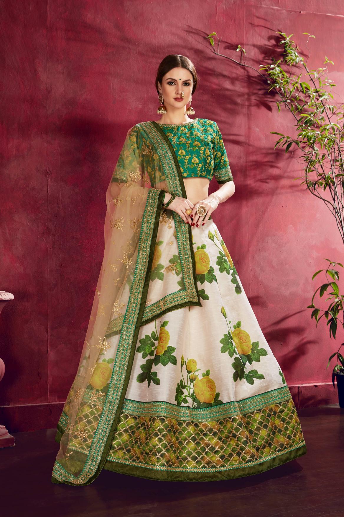 Cream-Green Heavy Banglori Silk Lehenga Choli