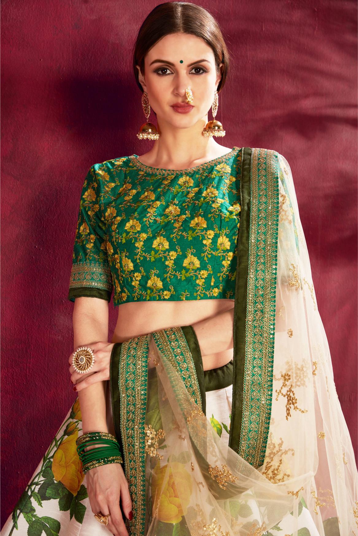 Cream-Green Heavy Banglori Silk Lehenga Choli — alternate view
