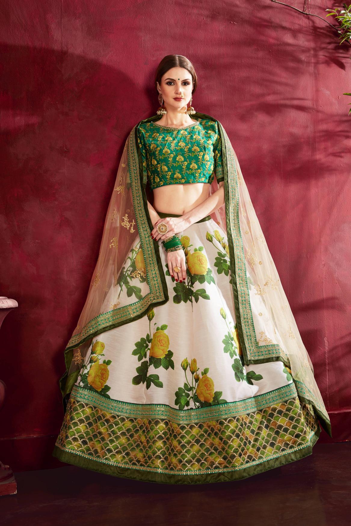 Cream-Green Heavy Banglori Silk Lehenga Choli