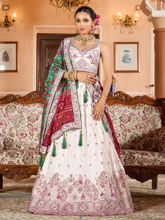 Cream-Green Tissue Embroidered Lehenga Choli