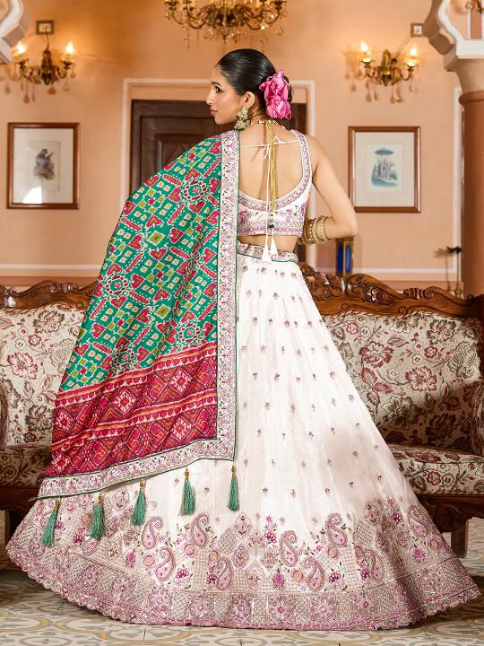 Cream-Green Tissue Embroidered Lehenga Choli — alternate view