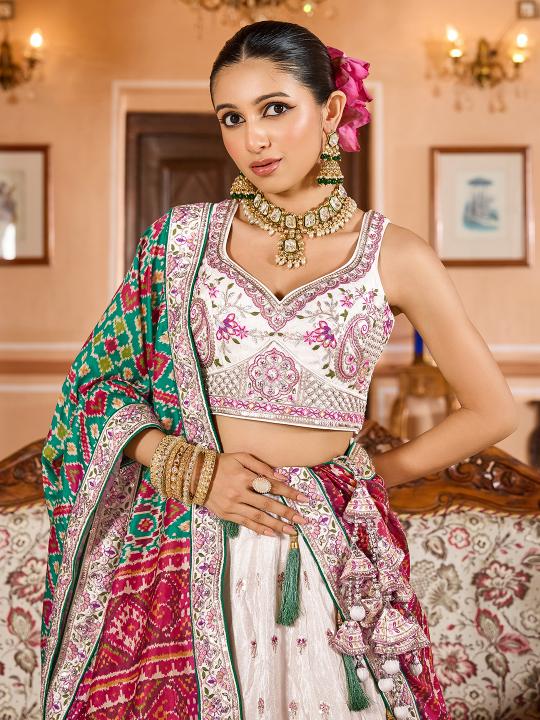 Cream-Green Tissue Embroidered Lehenga Choli