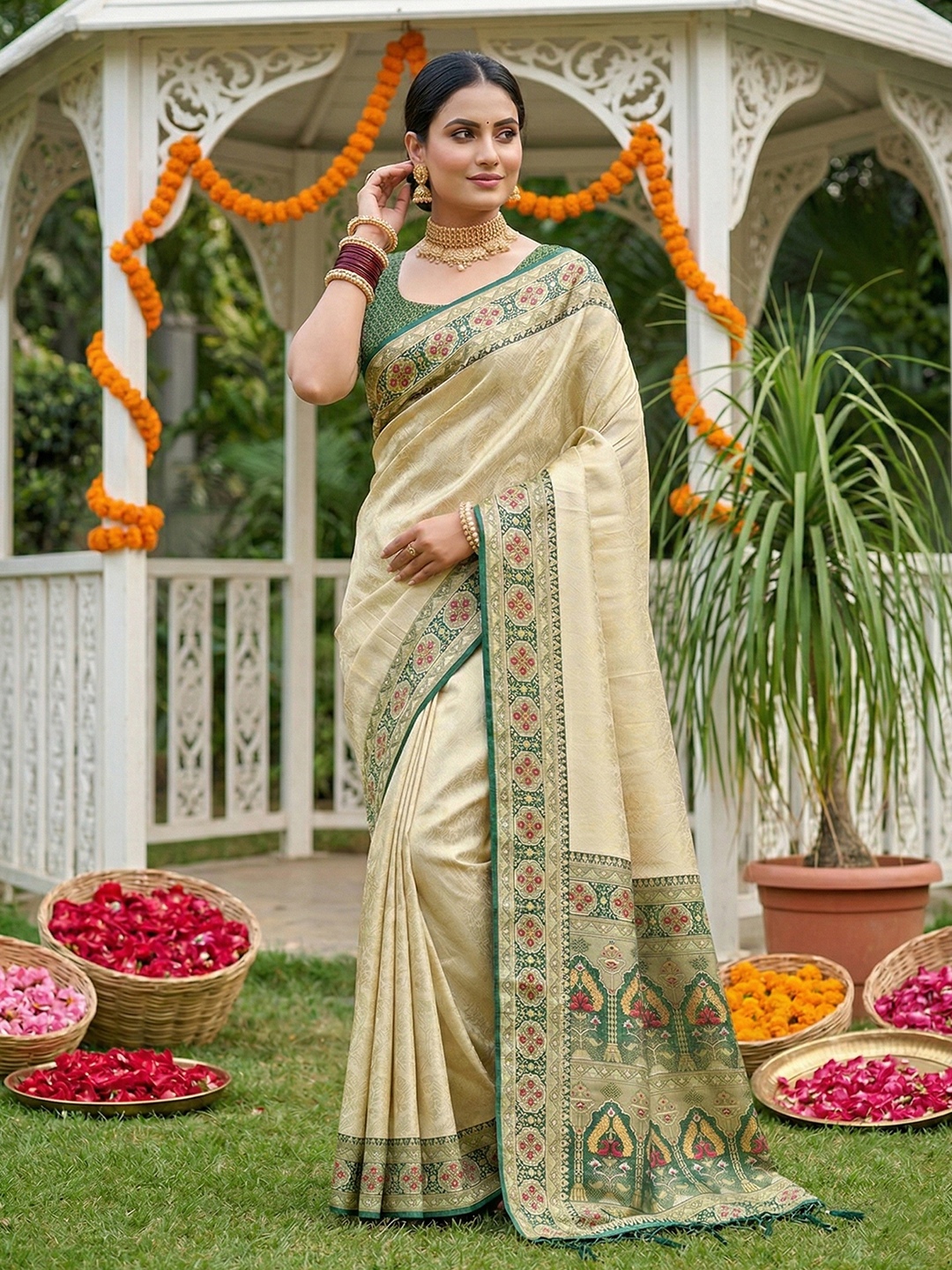 Cream Green Woven Soft Silk Saree