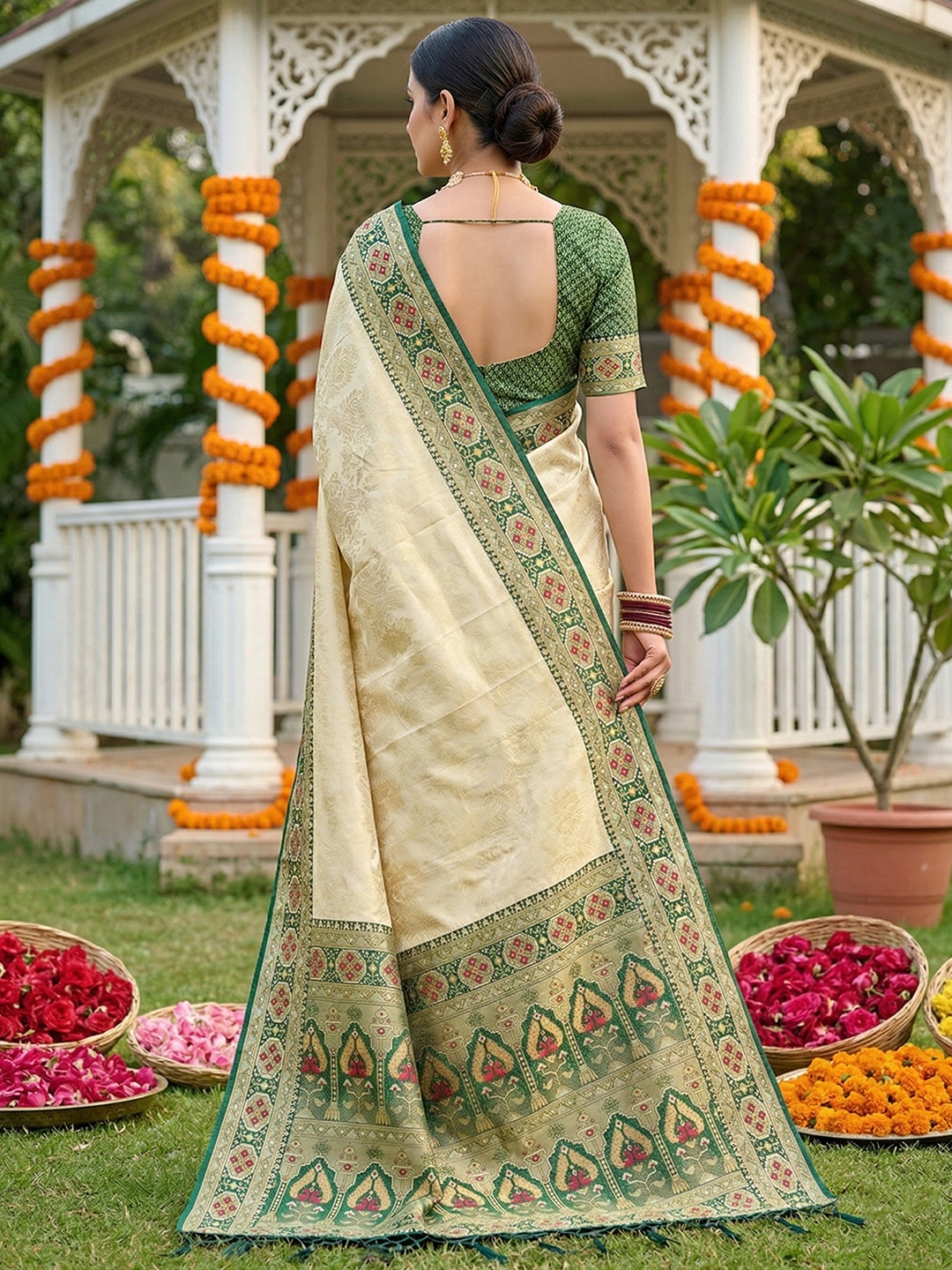 Cream Green Woven Soft Silk Saree — alternate view