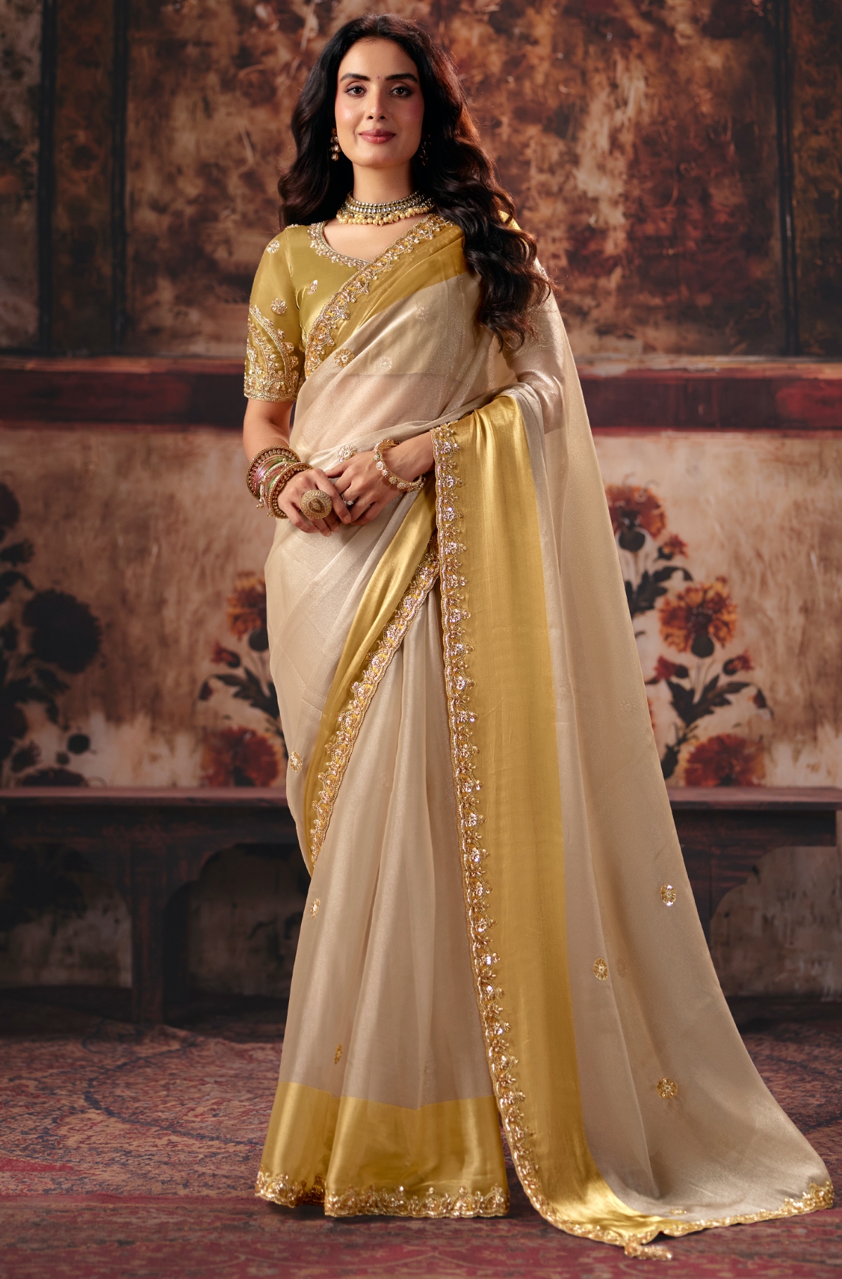 Cream Hand Work Satin Patta Saree