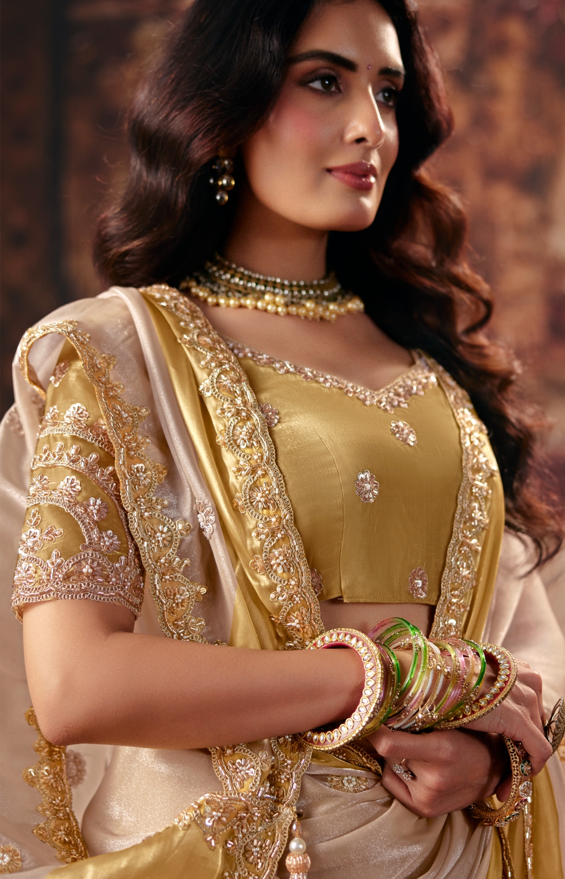 Cream Hand Work Satin Patta Saree — alternate view