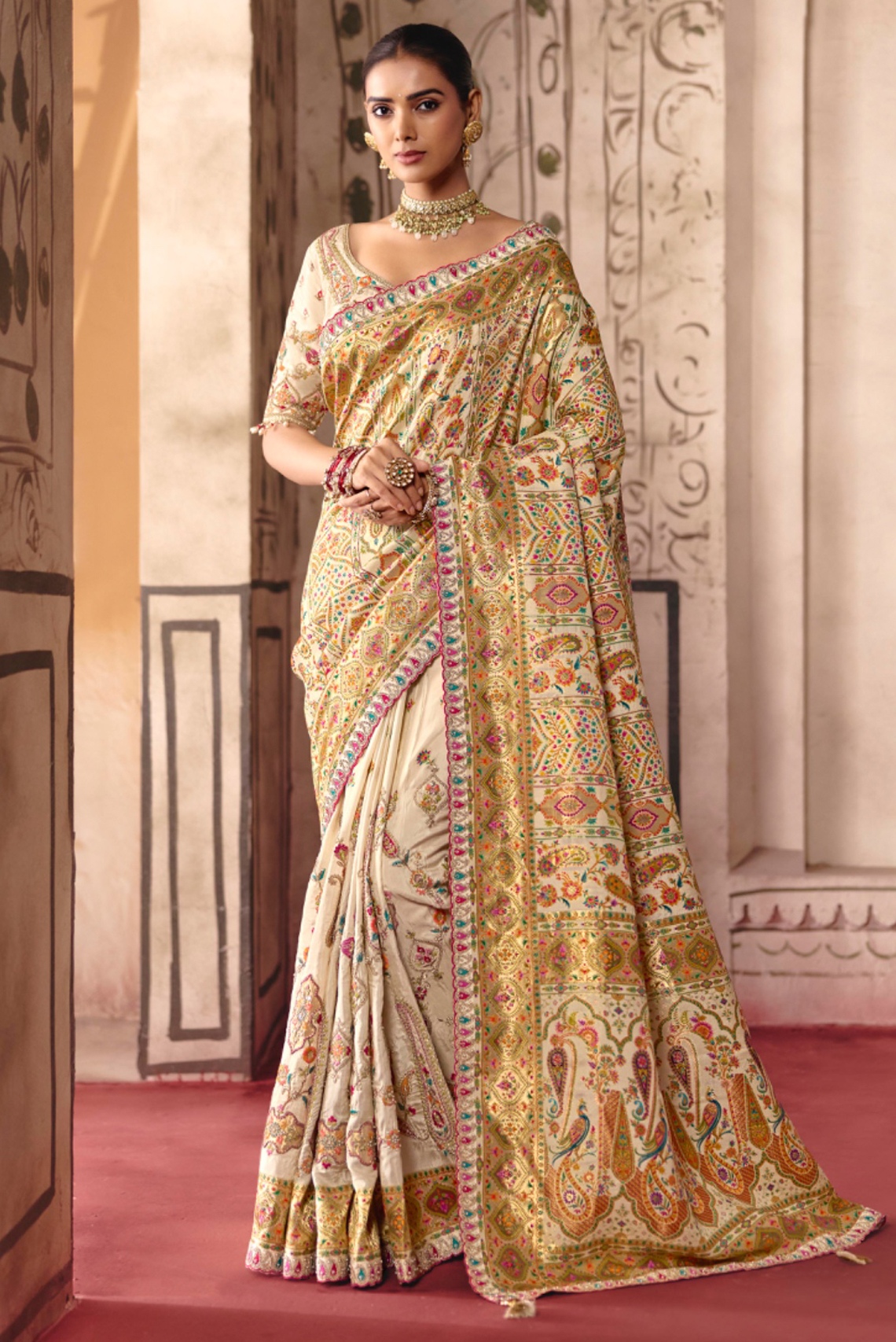 Cream Heavy Embroidery Sequin Dola Silk Saree
