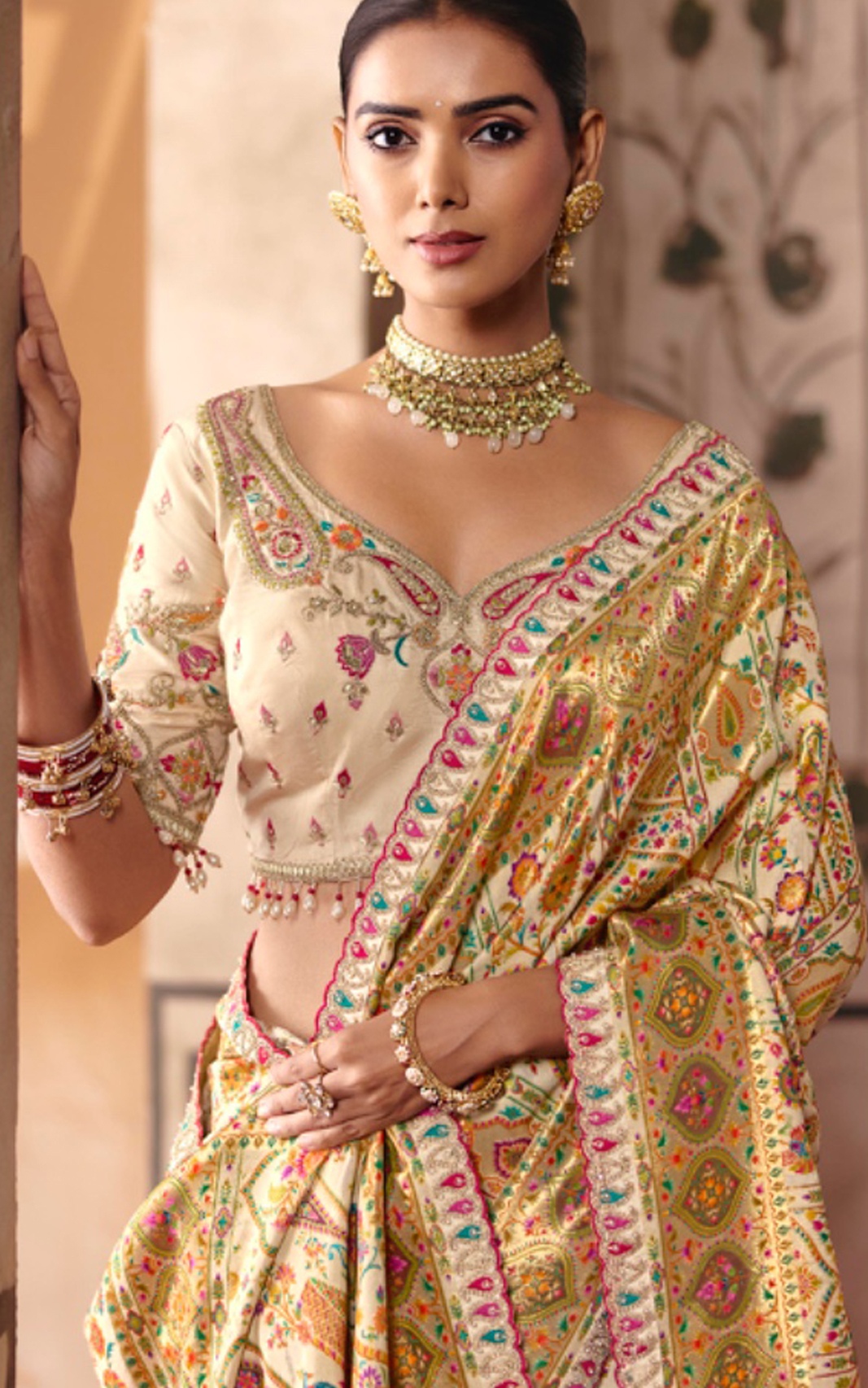 Cream Heavy Embroidery Sequin Dola Silk Saree