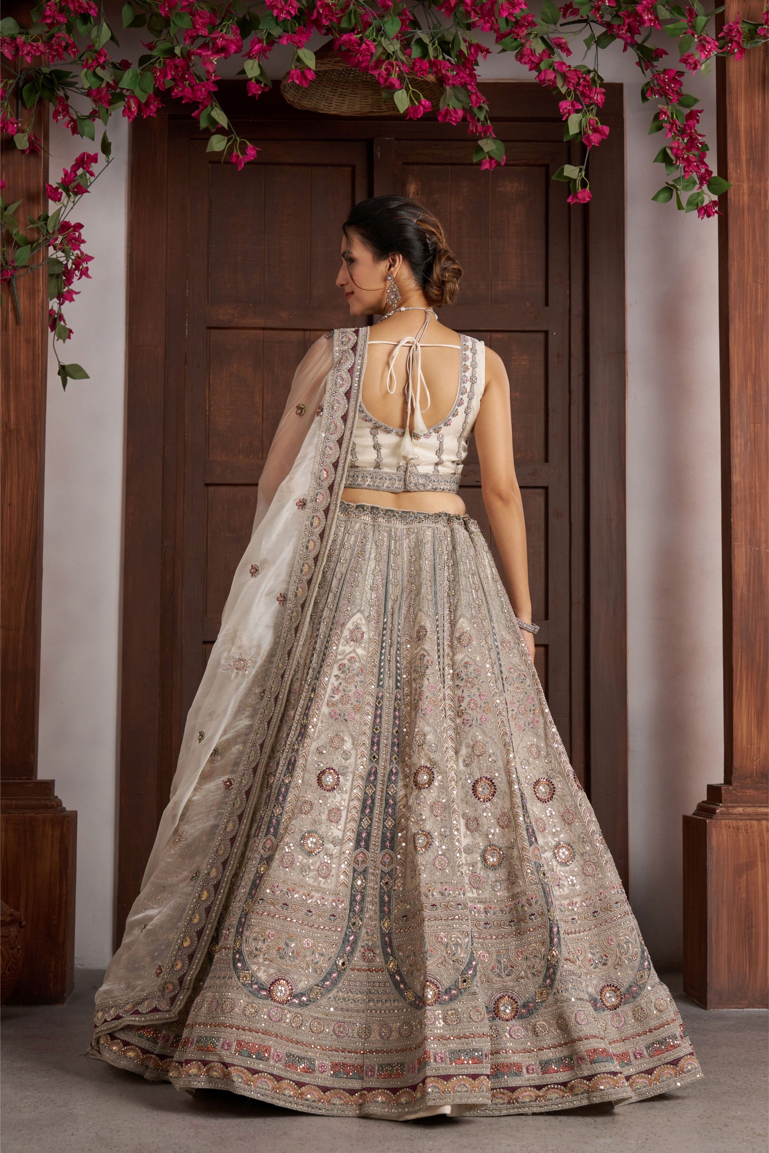Cream Heritage Embroidery Net Panelled Lehenga Choli — alternate view