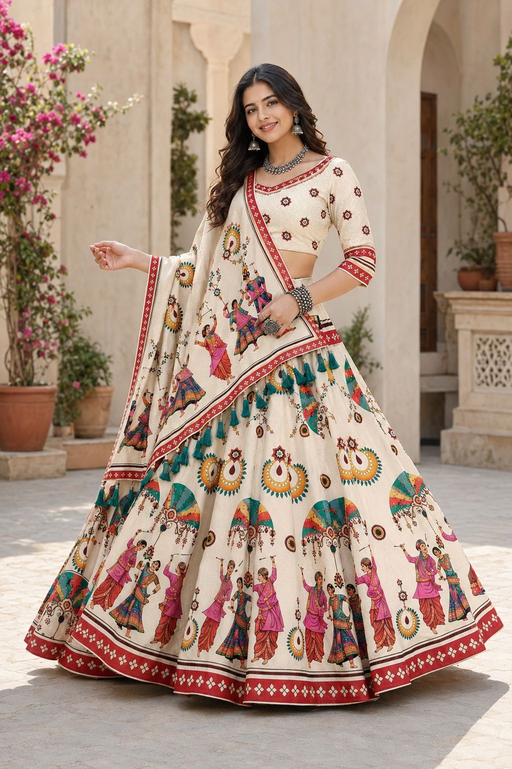 Cream Heritage Motif Designer Cotton Rayon Lehenga Choli