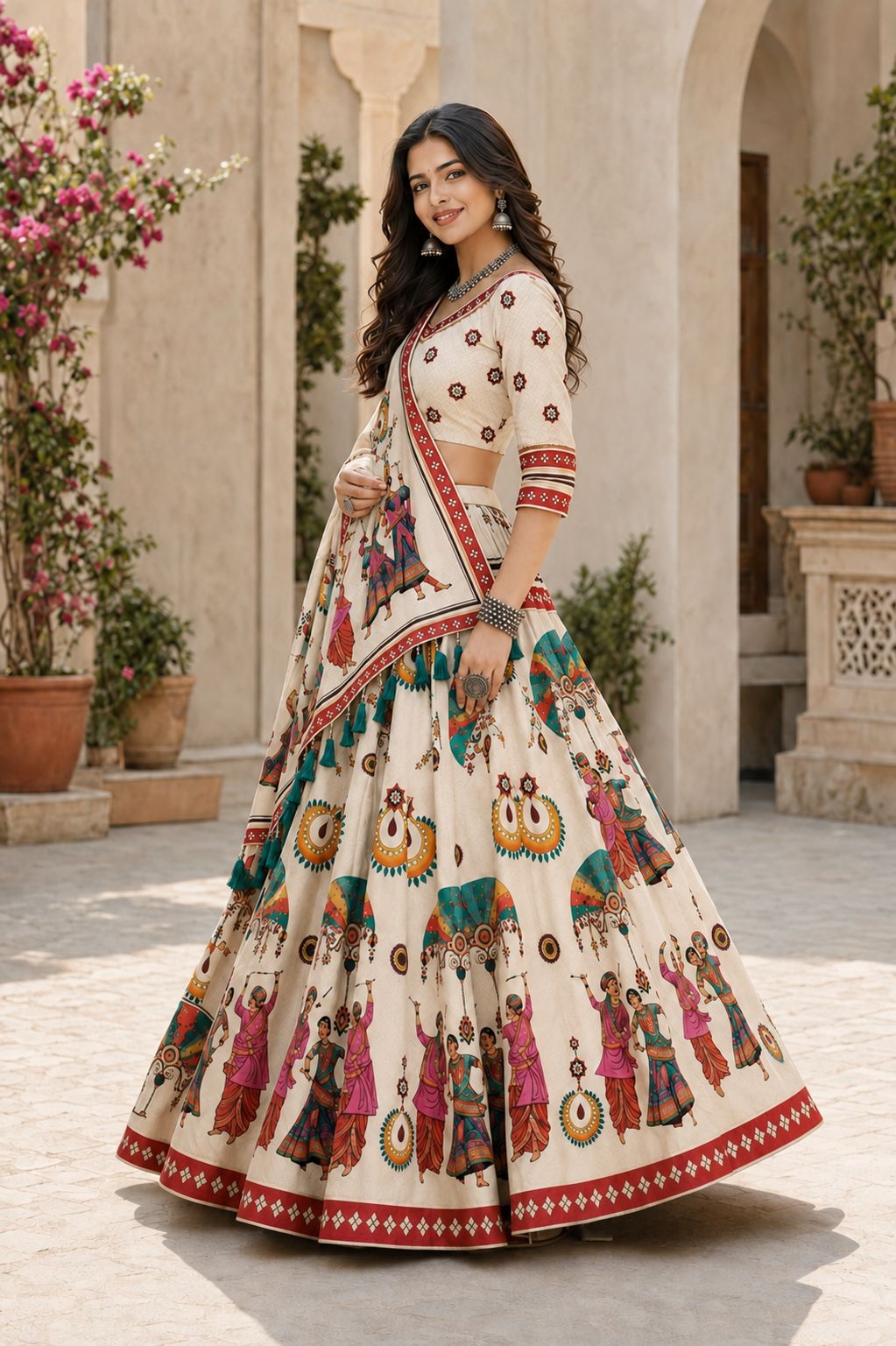 Cream Heritage Motif Designer Cotton Rayon Lehenga Choli — alternate view