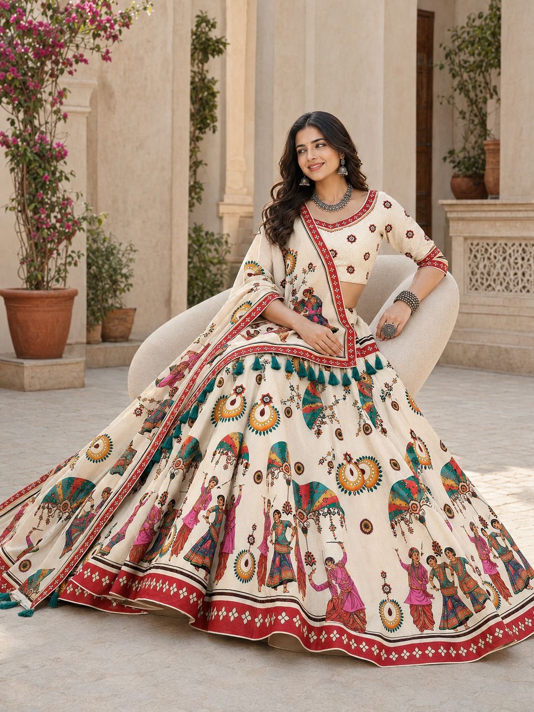 Cream Heritage Motif Designer Cotton Rayon Lehenga Choli