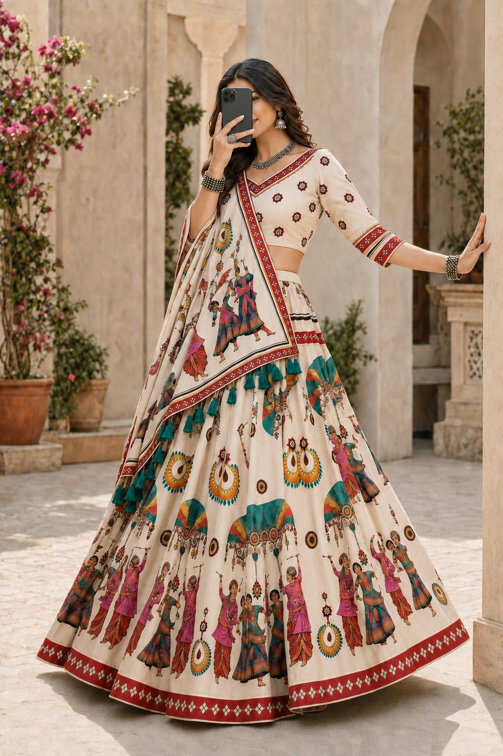 Cream Heritage Motif Designer Cotton Rayon Lehenga Choli