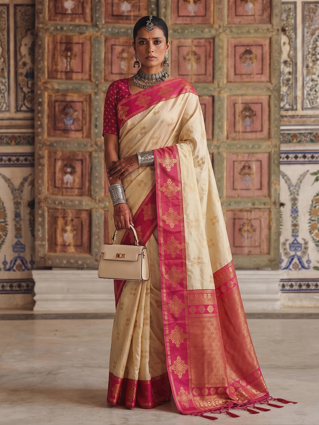 Cream Heritage Sequence Fendy Satin Saree
