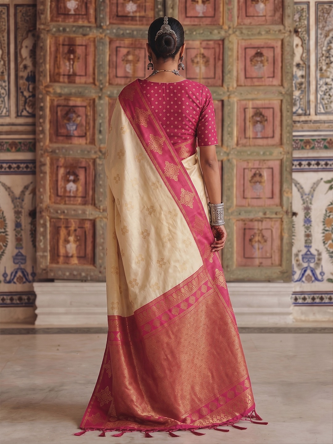 Cream Heritage Sequence Fendy Satin Saree — alternate view