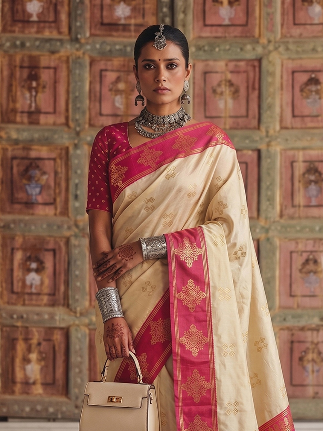 Cream Heritage Sequence Fendy Satin Saree