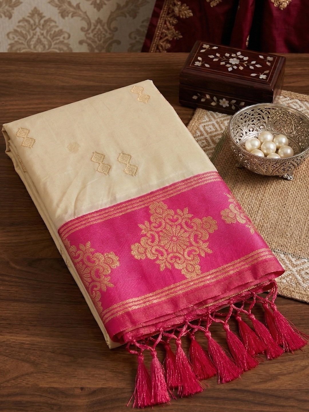 Cream Heritage Sequence Fendy Satin Saree