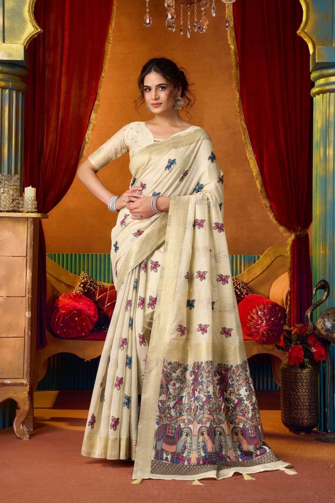 Cream Heritage Woven Modal Silk Saree