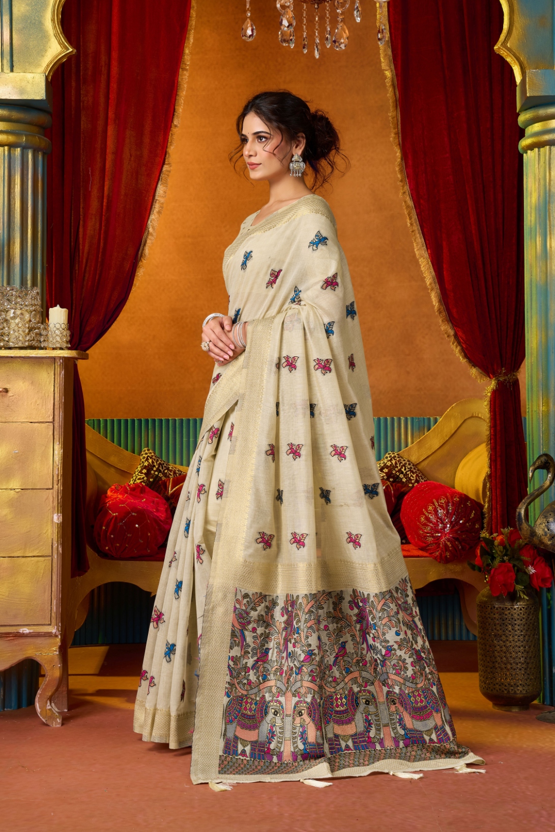 Cream Heritage Woven Modal Silk Saree