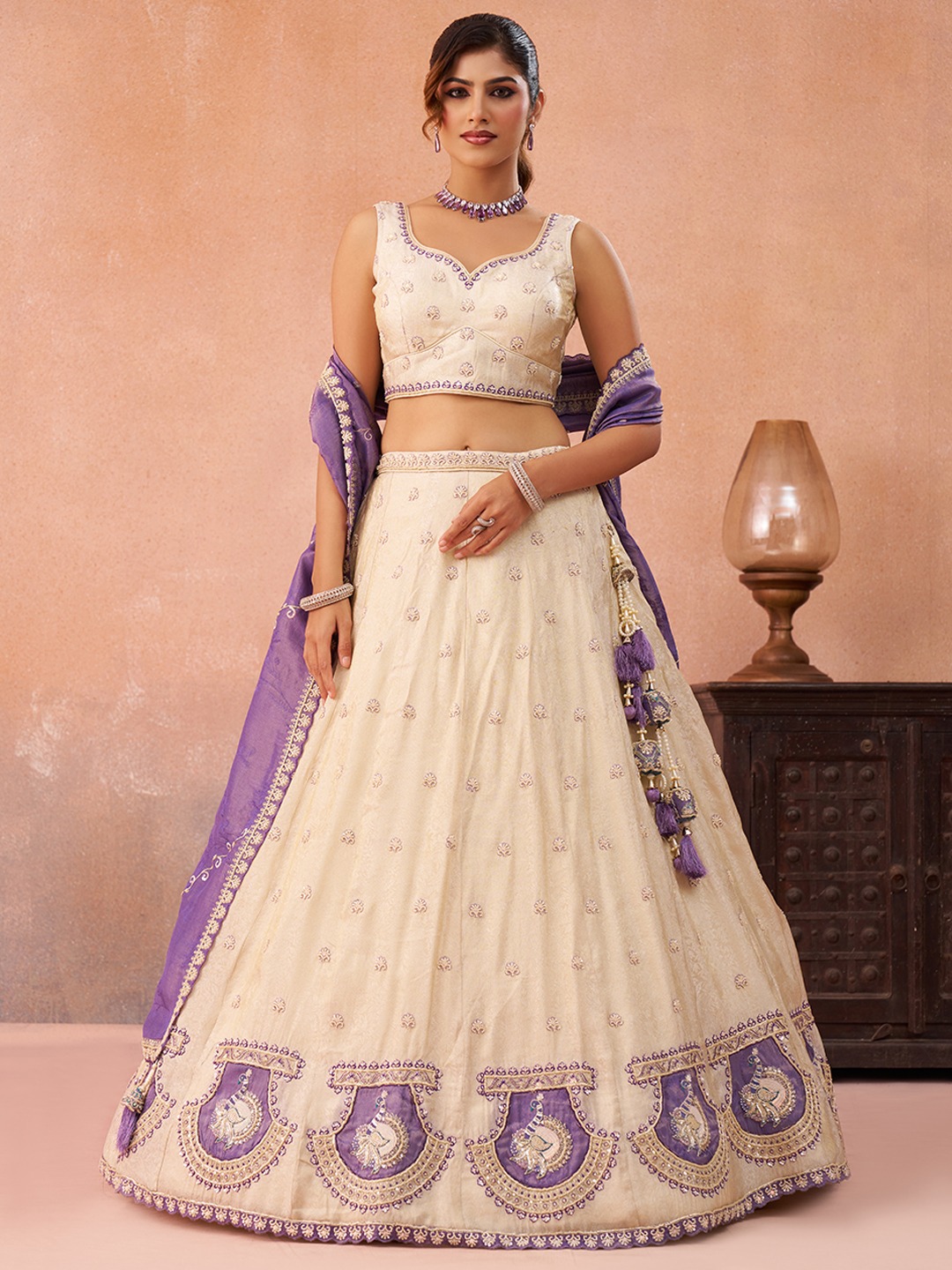 Cream Jacquard Silk Designer Wedding Lehenga Choli
