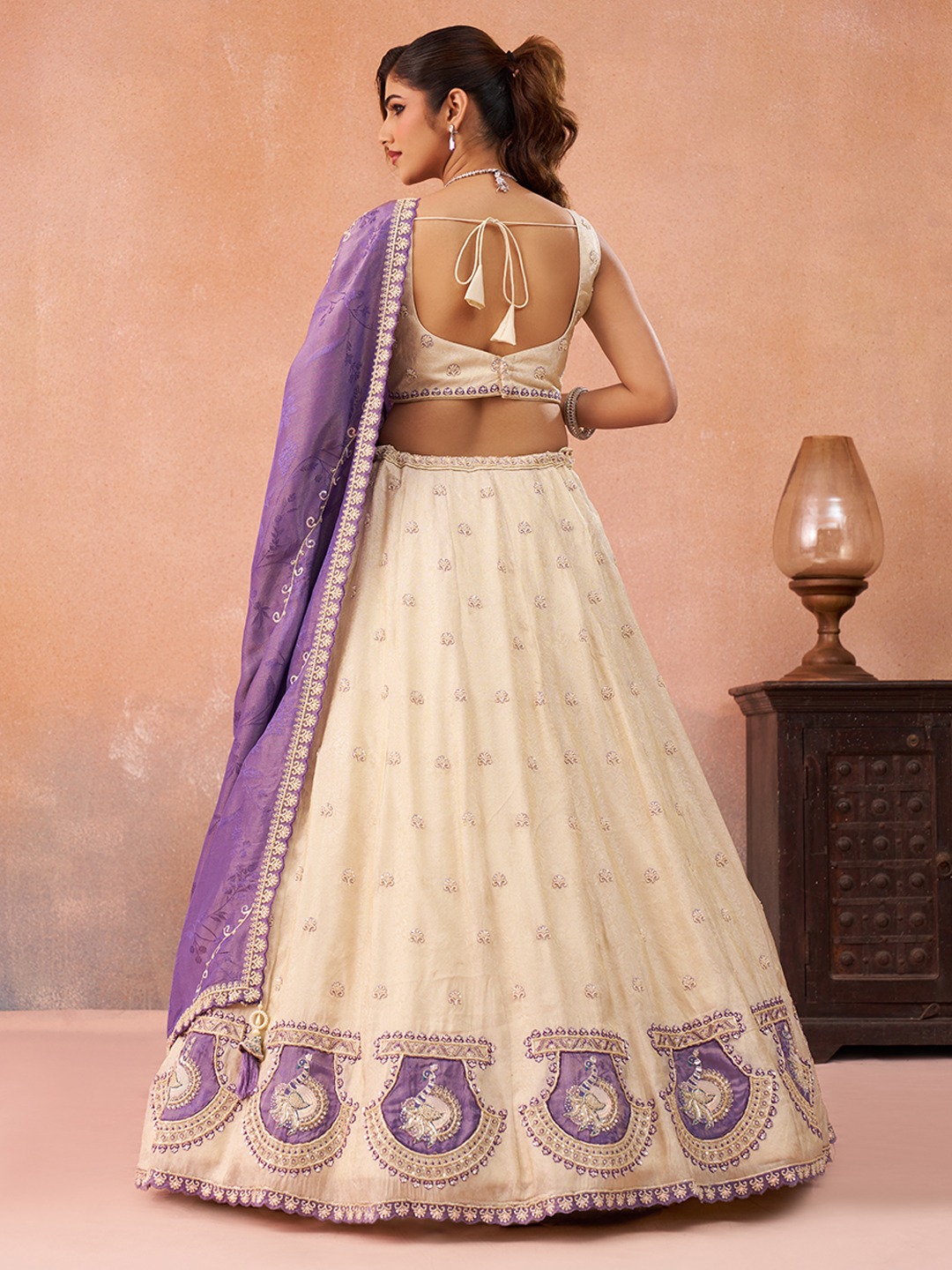 Cream Jacquard Silk Designer Wedding Lehenga Choli — alternate view