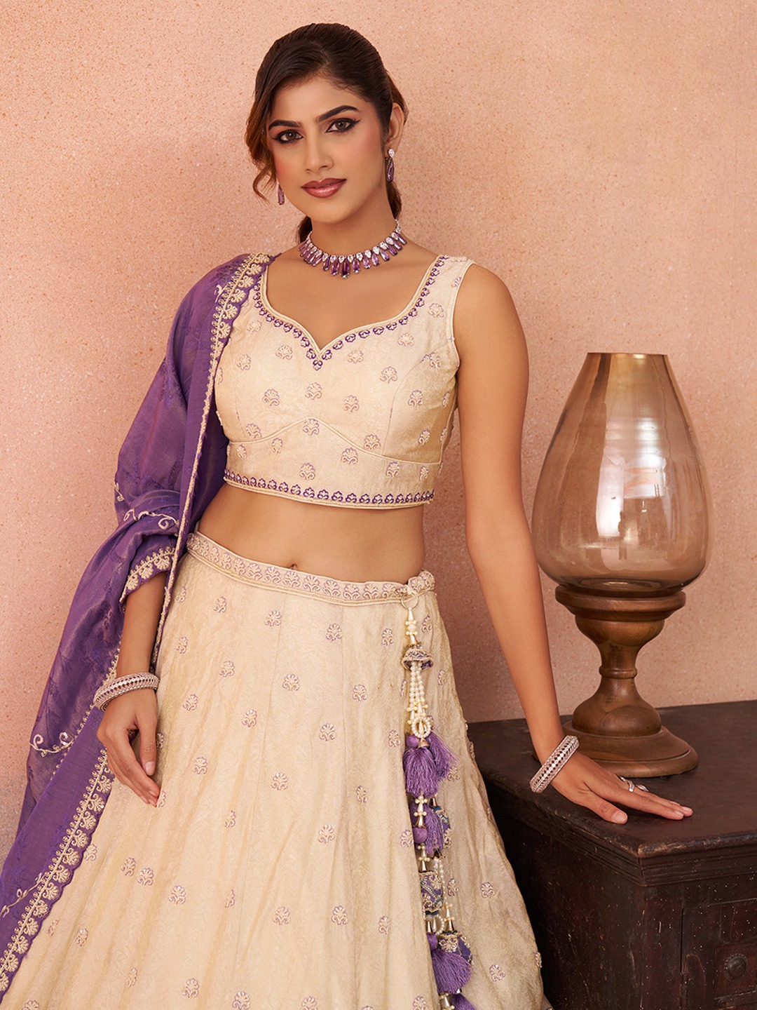 Cream Jacquard Silk Designer Wedding Lehenga Choli