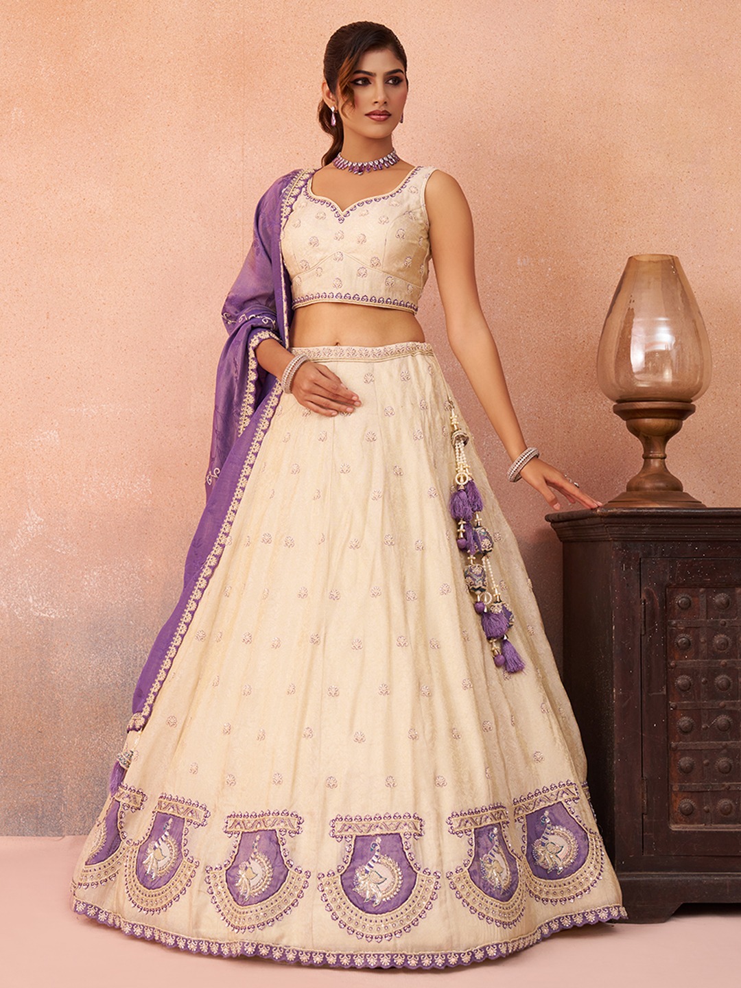 Cream Jacquard Silk Designer Wedding Lehenga Choli