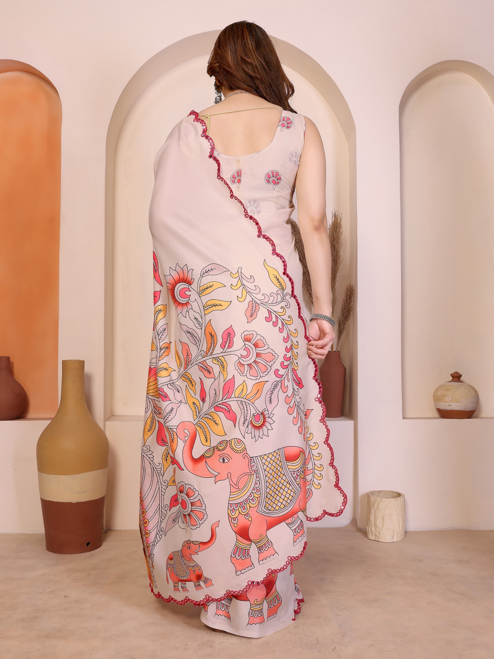 Cream Kalamkari Digital Print Manipuri Silk Party Wear Saree — alternate view