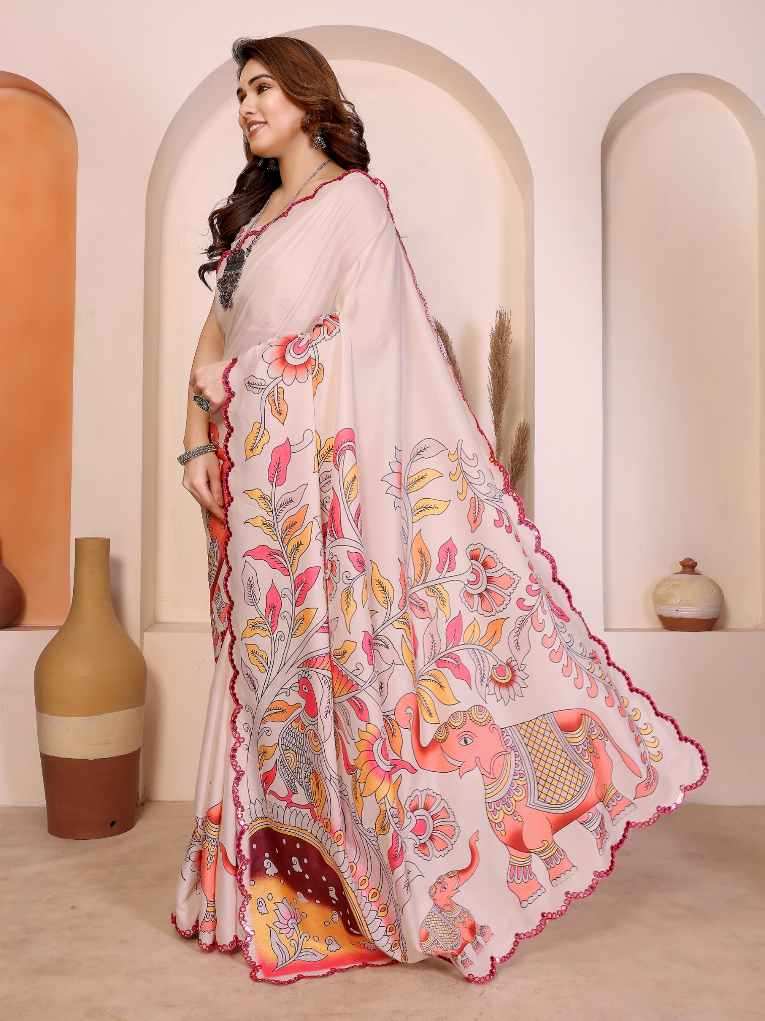 Cream Kalamkari Digital Print Manipuri Silk Party Wear Saree